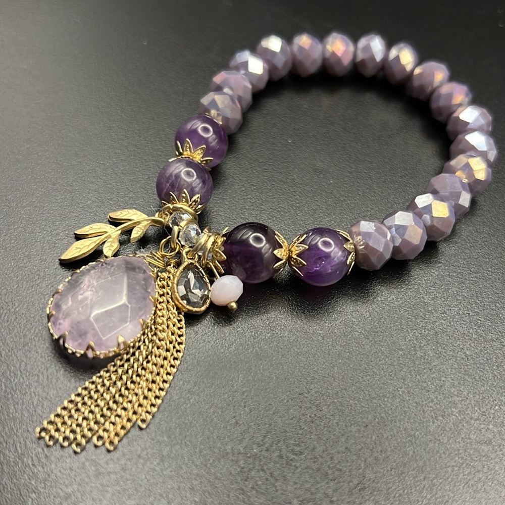 Amethyst faceted rose quartz Charm Bracelet with Gold Accents - Picture 5 of 6